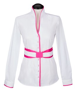 Stand-up collar blouse Piped, white / fuchsia