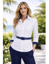 Kontrastbluse mit Patch weiss/marine Pünktchen