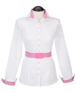 Contrast blouse with patch white / fuchsia stripes/goes out of the assortment