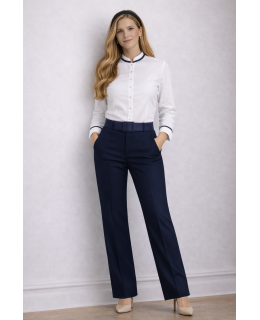 Bluse kleiner Stehkragen paspeliert  weiss/marine