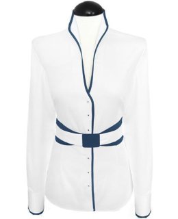 Stand-up collar blouse Piped, white / marine, extra long