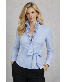 Hellblaue UMANI Bluse mit doppelter Rüsche und Vichy-Karo