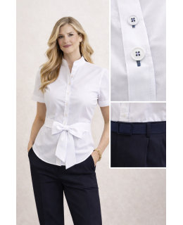 Kurzarmbluse Kontrast weiss/marine