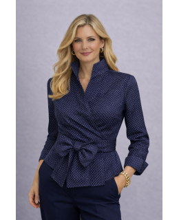 Navy wrap blouse with white polka dots