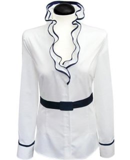 Ruffle blouse with piping, white / marine/goes out of the assortment