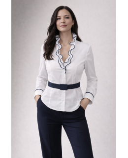 Ruffle blouse with piping, white / marine
