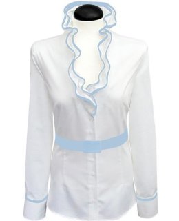 Ruffle blouse with piping, white / light blue/goes out of the assortment