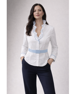 Ruffle blouse with piping, white / light blue