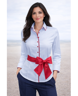 Contrast Blouse Light Blue Uni with Carmine Red  Piped