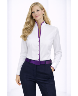 Stand-up collar blouse piped, white / bright violet