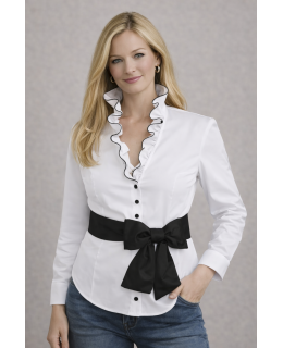Ruffle blouse extravagant with piping, white / black/goes out of the assortment