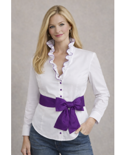 Ruffle blouse extravagant with piping, white / bright violet/goes out of the assortment