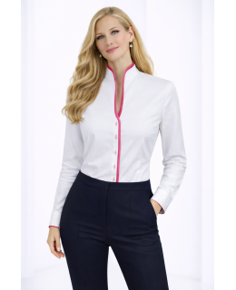 Stand-up collar blouse piped, white / hot pink