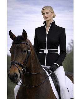 Stehkragenbluse paspeliert, schwarz/weiss