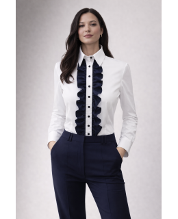 Ruffle blouse with contrast, navy / white spotted white dotted pipeline