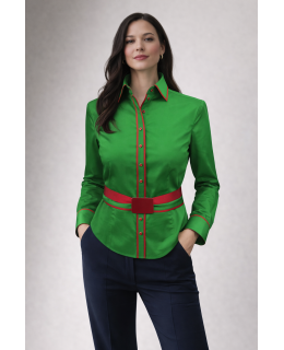 Contrast Blouse 2-Colored: Green Uni with Carmine Red  Piped