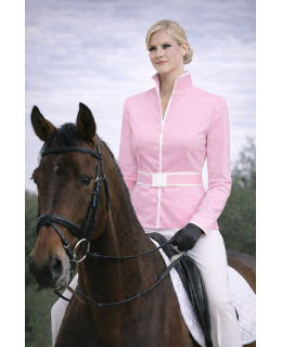 Stehkragenbluse paspeliert, rosa/weiss