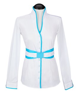 Stand-up collar blouse Piped, white / turquoise/goes out of the assortment