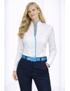 Stand-up collar blouse Piped, white / turquoise